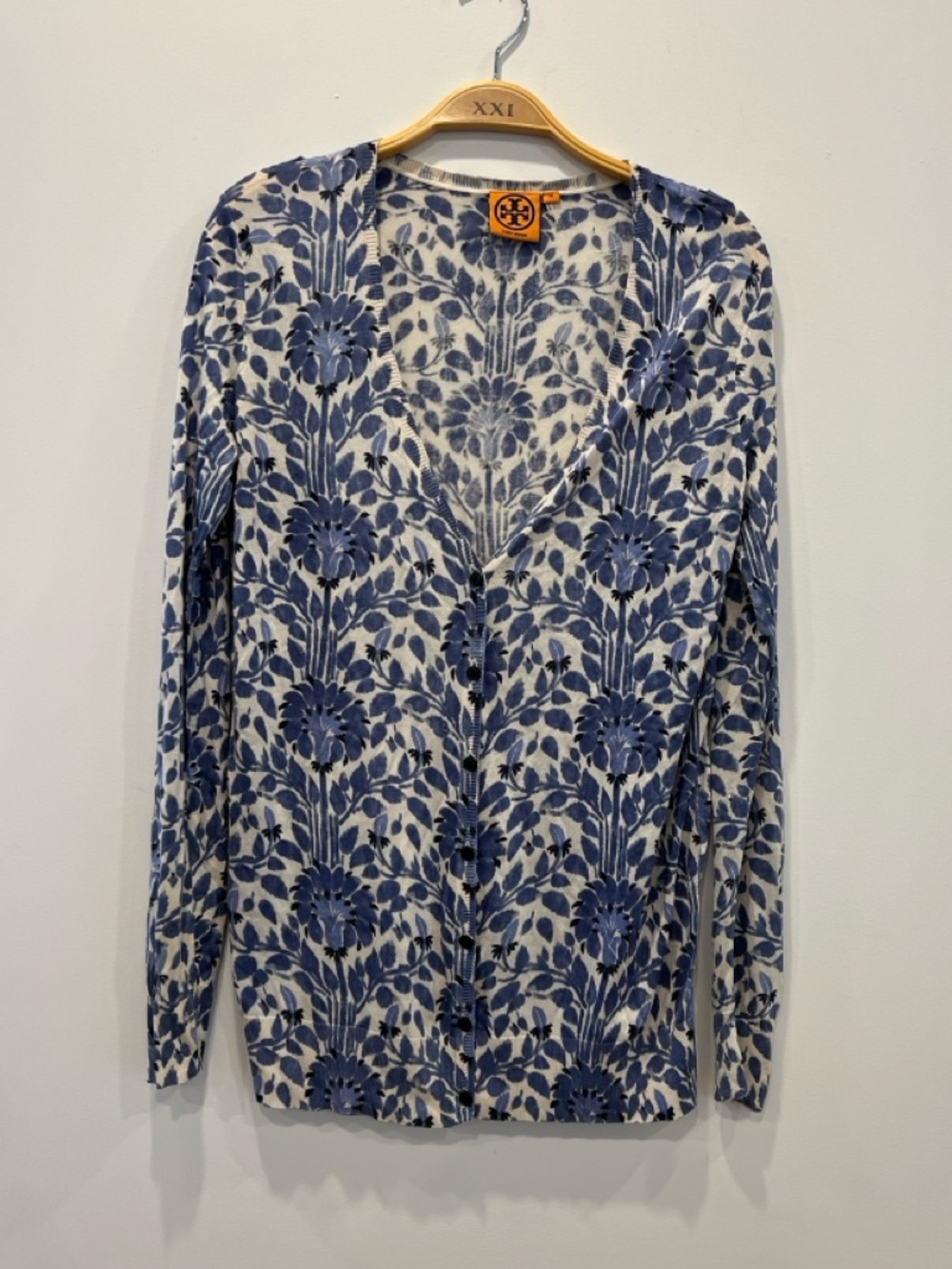 RARE Tory Burch Cream 100% Silk Cardigan with Blue Floral Print - Size M